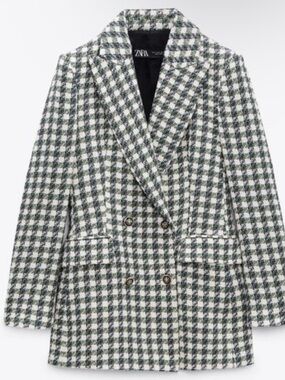 ZARA Textured Houndstooth Tweed Blazer Green Ecru Navy Double Breasted M NWT